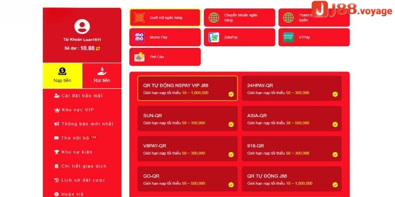 Quá trình nạp tiền J88
